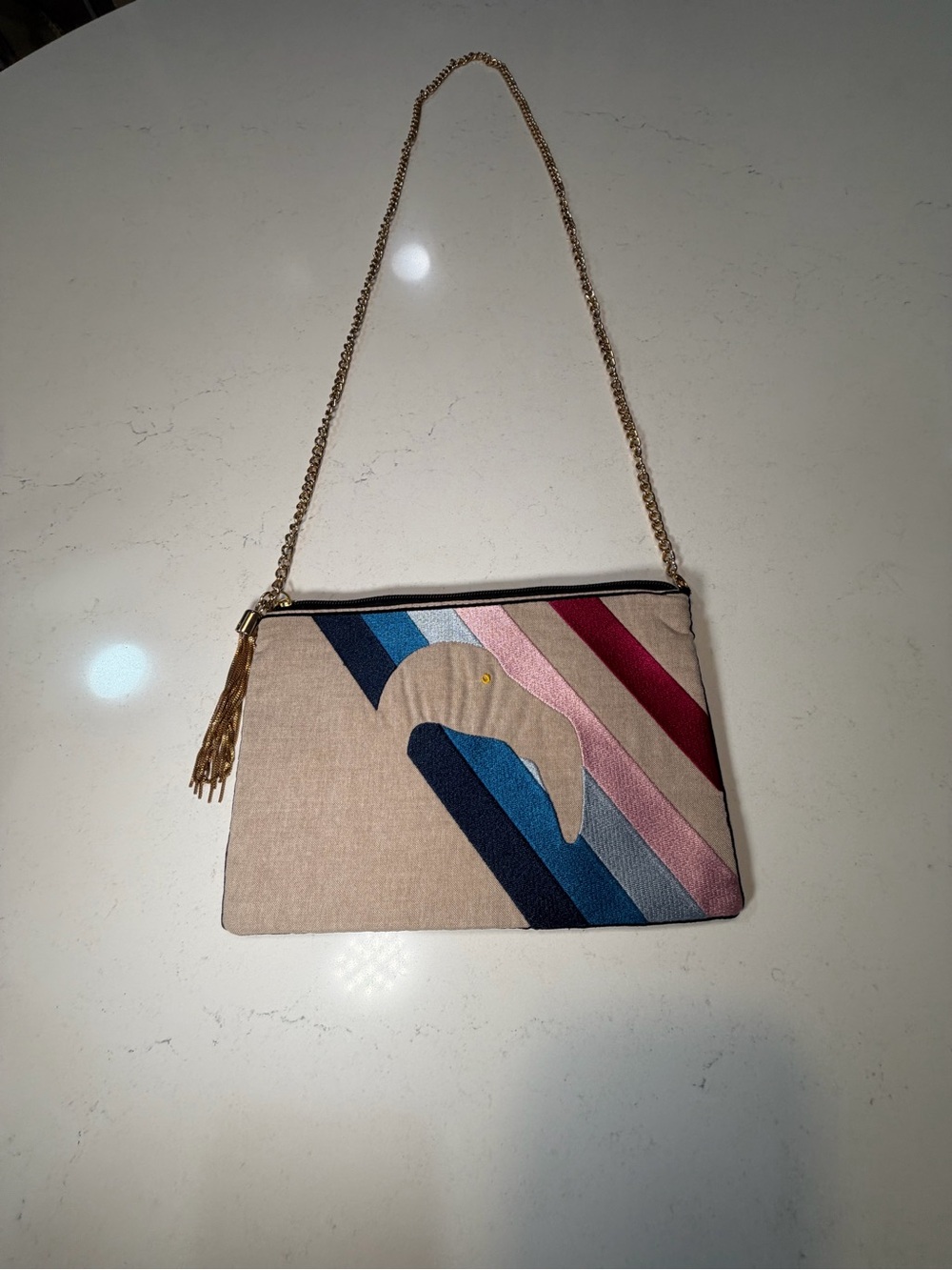 Stylish Multicolor Stripe Shoulder Clutch - Beige with Blue & Pink Accents